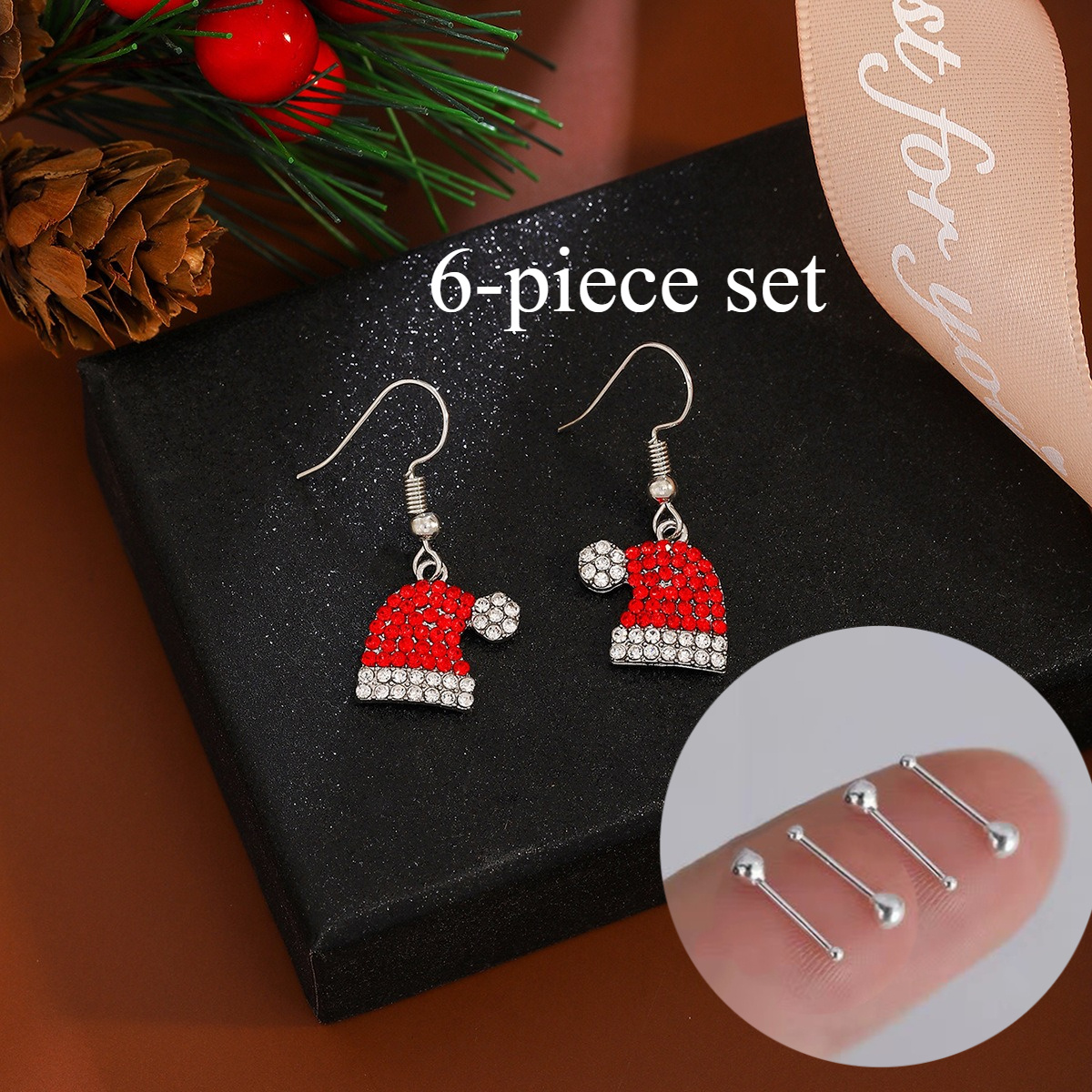 Image of 6pcs Christmas Hat Drop Earrings For Women, Cubic Synthetic Zirconia Accent Dangle Earrings, Cute Fashion Jewelry For Women, Christmas Party Gift