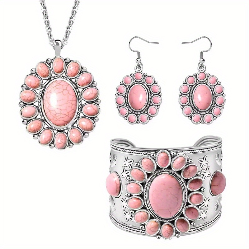 TEMU 1 Set Of Retro Ethnic Style Synthetic Turquoise Bracelet, Necklace, Earrings, Suitable For Women' Vacations, Festivals, And Parties As Jewelry
