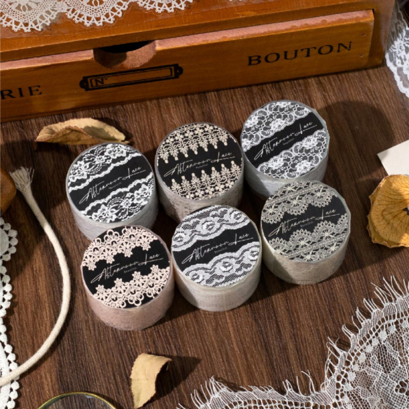 Image of 6-roll (12m Per Roll) Pet Lace Tape Suitable For Journaling, Scrapbooking, Diy Crafts - Vintage Minimalist With, Patterns, Suitable For Planners, Journals, Gift Wrapping & Decoration