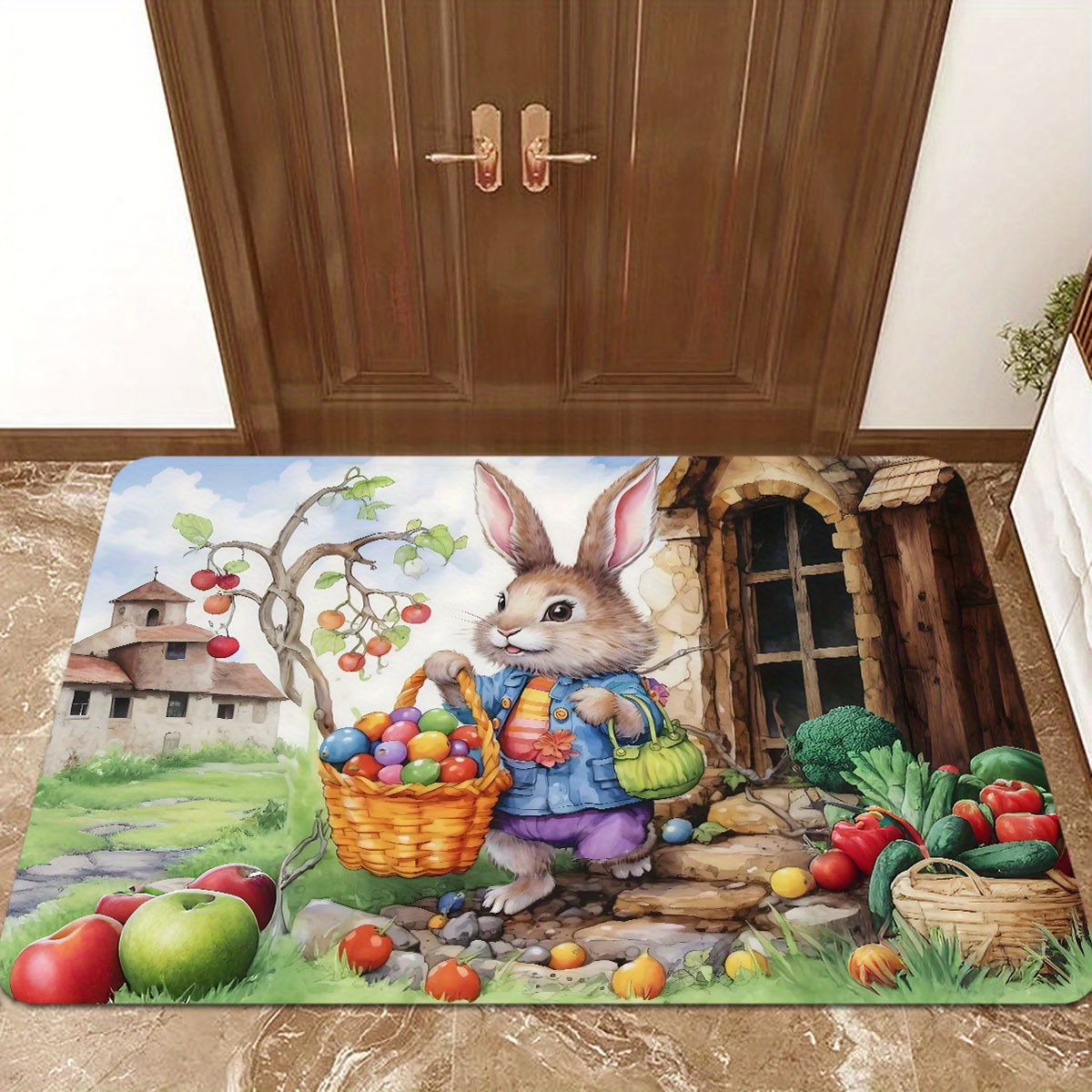 

Fairy & Fruit Pattern Door Mat - Lightweight, Non-slip Polyester Rug For Home Decor - Bathroom, Living Room, Bedroom, Kitchen, Office, And Hallway