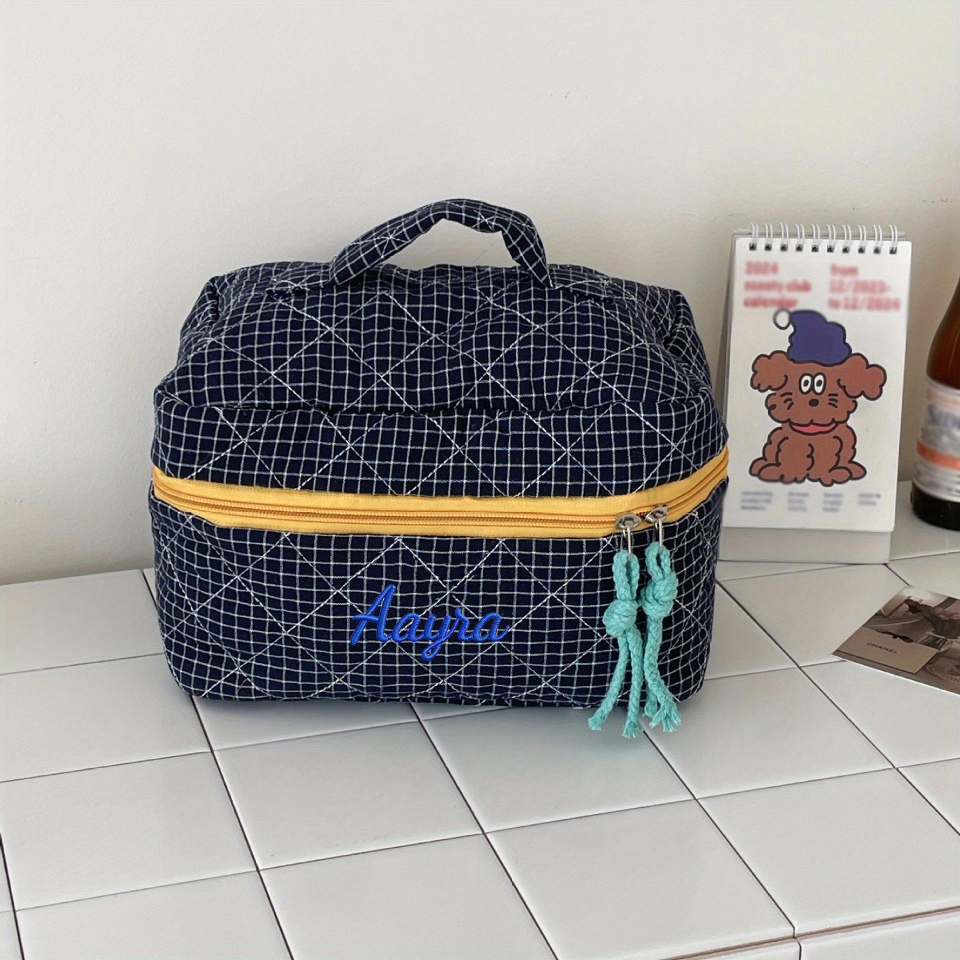TEMU Custom Embroidered Checkered Makeup Bag, Large Capacity Travel Toiletry Bag, Portable Cosmetic Storage Pouch, Multifunctional Toiletry Bag,