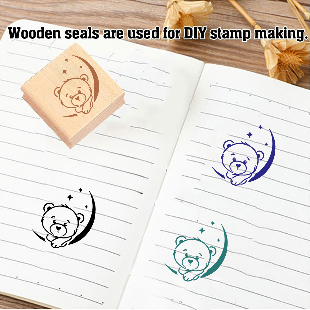 Cute Wooden Rubber Stamp of Little Bear on Crescent Moon