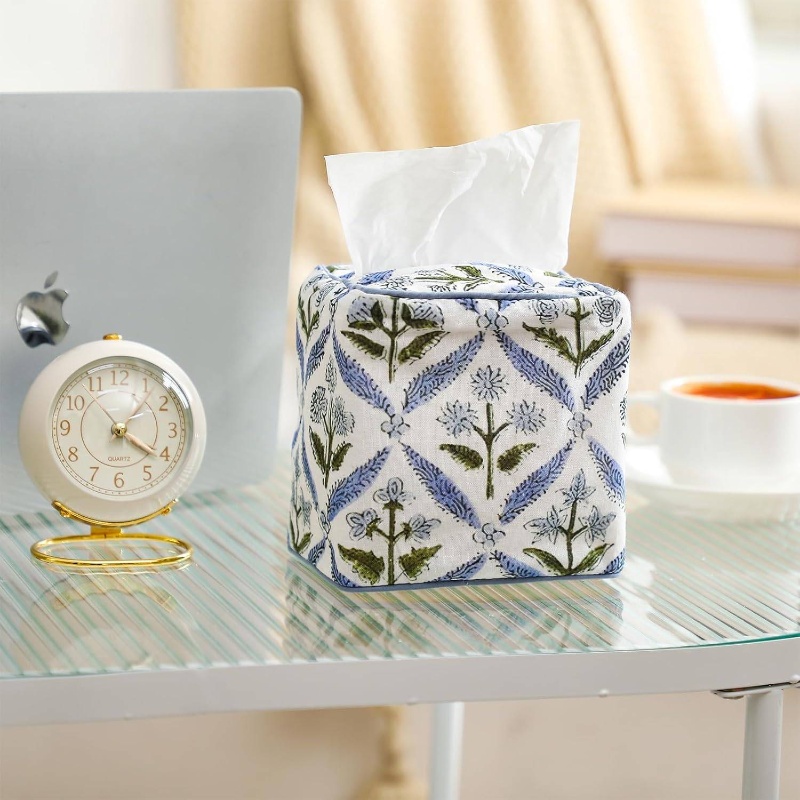 1pc elegant fabric tissue box cover & napkin holder - blue floral print with   &   trim, soft pastel blue/green/white, fits square/rectangular tissue boxes, space-saving decorative storage for bathroom, bedroom, office - handmade-look design, machine washable & crack-proof, fits most tissue boxes (paper not included) -   decor in blue, green, beige colors, decorative tissue box holder, tissue holder bathroom, craft tissue box Product details 3