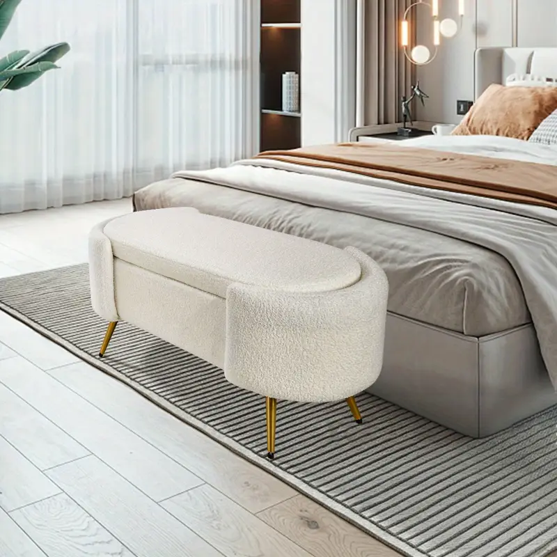 teddy fabric upholstered oval storage ottoman bench with lid hardwood mdf frame 39 4 l x 20 3 w x 13 h multi functional footrest bedside bench for living room bedroom entryway elegant durable wood legs bench for bedroom details 2