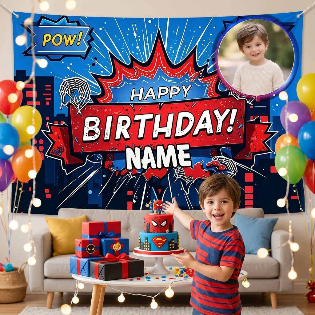 TEMU Photography Backdrop 1pc Wb Superhero-themed Birthday Tapestry With Photo/name - Personalized Comic Backdrop Suitable For & Parties, Photo Wall