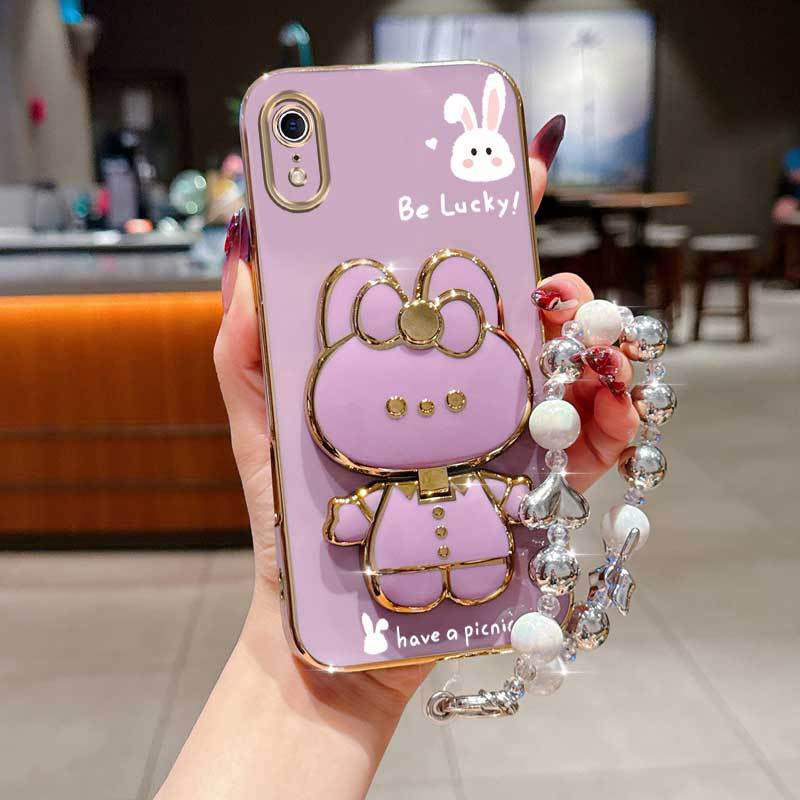TEMU Coque de téléphone - Coque Iphone XR avec un design de et des oreilles roses, dotée d'une dragonne en perle plaquée durable pour un transport