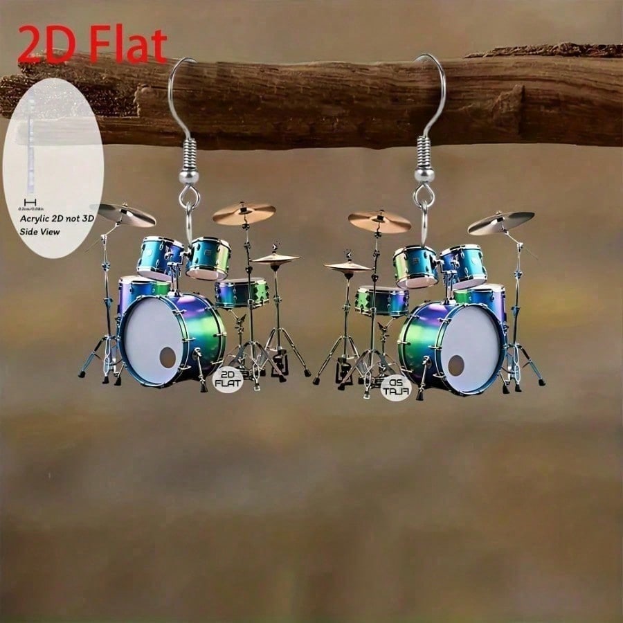TEMU 2d Flat, 2d Flat Pair Of Acrylic Earrings, Two-dimensional Metal Drum-shaped Music Earrings - Two-dimensional Colorful Drum-shaped Pendant,