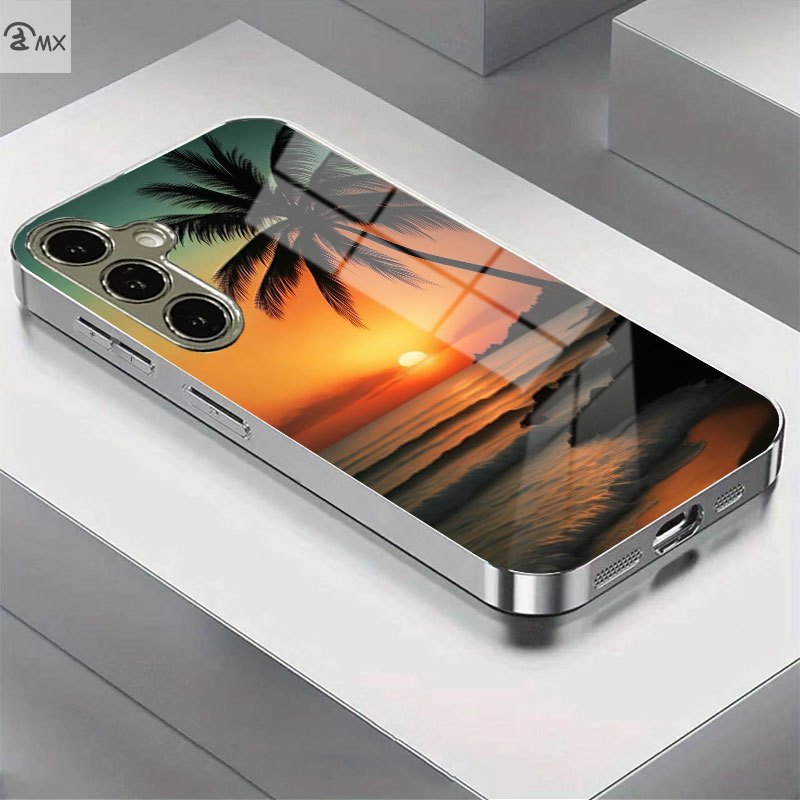 Funda para Teléfono - Diseño de Atardecer con Palmeras y Playa, Nueva Funda Plateada Electrochapada Adecuada para Galaxy S25/S25+/S25Ultra/S24/S24Fe/S24+/S24Ultra/S23/S23Fe/S23+/S23Ultra/S22/S22+/S22Ultra/S21/S21Fe/S21+/S21Ultra/A72/A54/A53/A52/A52S/A51 Series