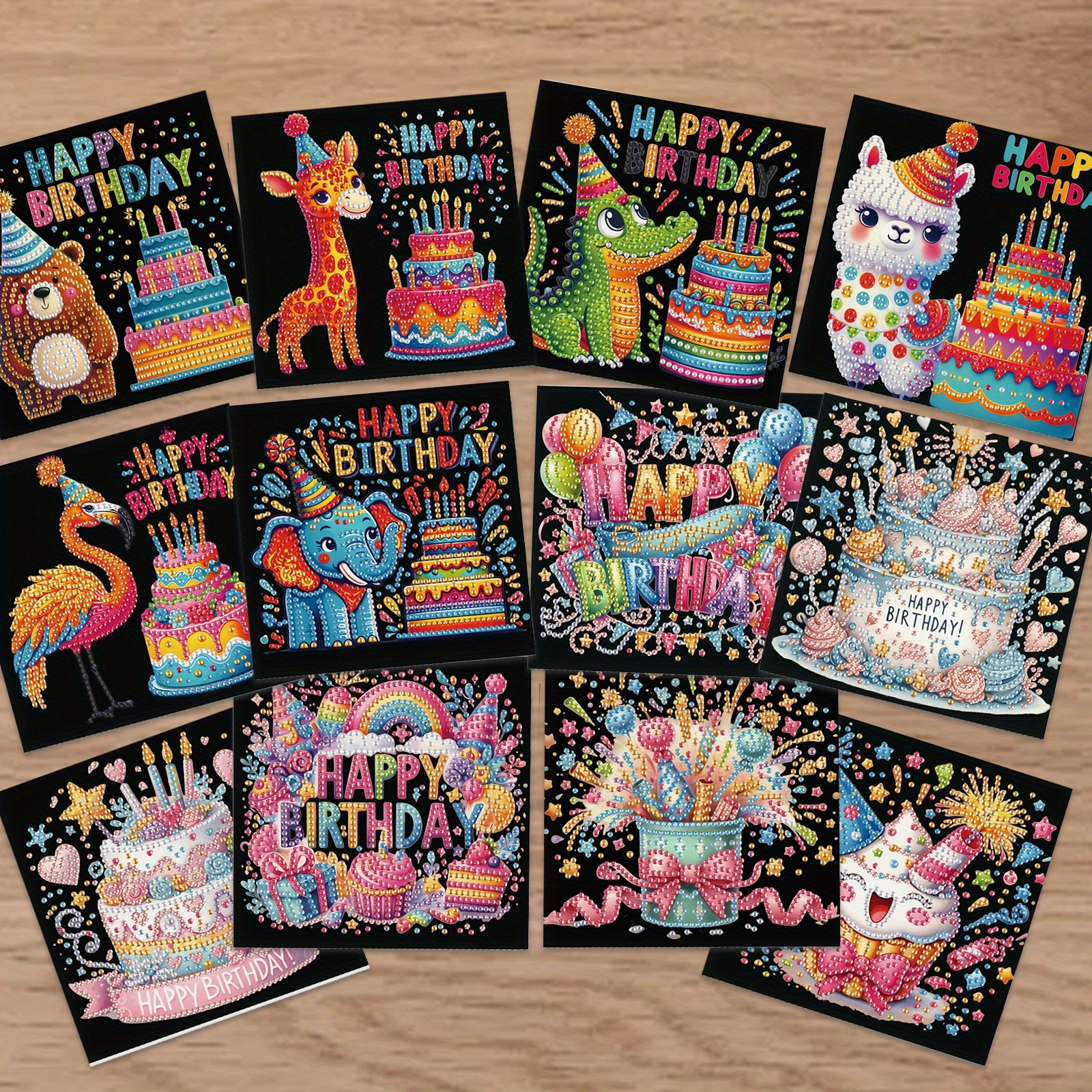 TEMU 12 Diamond Painting Greeting Cards With Envelopes - Featuring Vibrant Animal And Cake Designs, Sparkling Laser , Suitable For Birthdays,