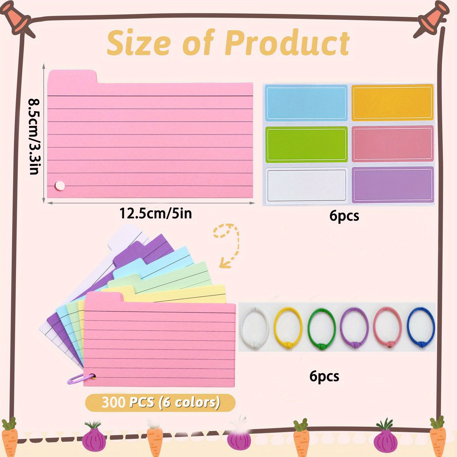 E-shop 300 Stück Bunte Karteikarten 8.4x12.7 cm mit Ringen und Klebeetiketten, Beidseitig Liniierte Karteikarten zum Lernen, für Schule und