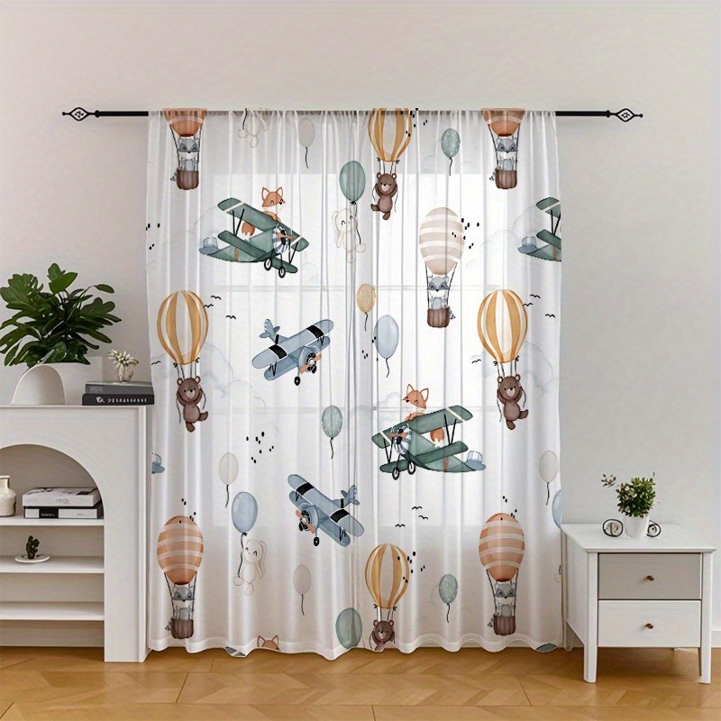 TEMU 2pcs Whimsical Hot Air Balloon & Airplane Print Curtains - Fantasy Tile Pattern, Light-filtering Polyester, Machine Washable, Perfect For Living