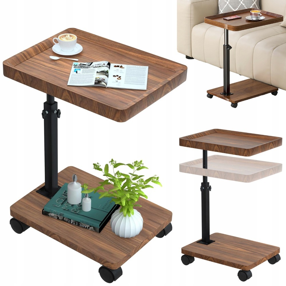 Image of 1pc Side Table With Wheels, Adjustable Height 45-80cm, 360 Degree Rotating Sofa Table, Compact Mobile Coffee Table For Living Room Bedroom Sofa Couch, Walnut End
