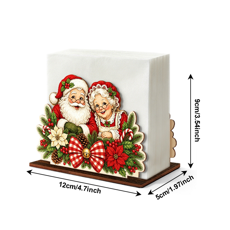 TEMU 1 Set Santa Claus Couple Wooden Napkin Holder And Tissue Box - Retro Desktop Organizer With Plaid Bow, Bell, Design, Suitable For Christmas