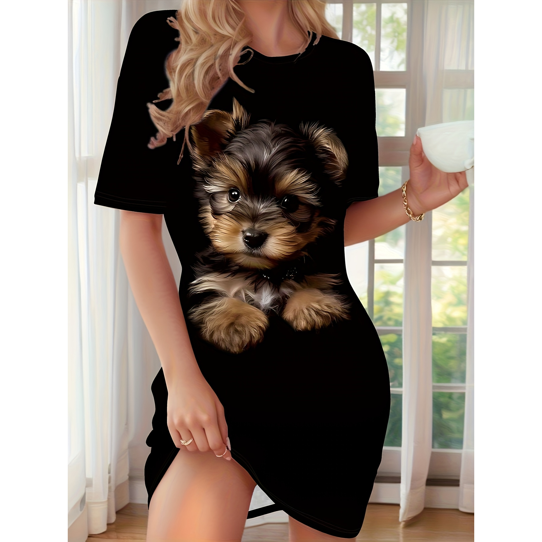TEMU Casual Short-sleeved Round Neck Nightdress For Women Featuring An Adorable Yorkshire Terrier Design, Suitable For All, Machine Washable, And An Ideal Holiday Present For Dog Enthusiasts