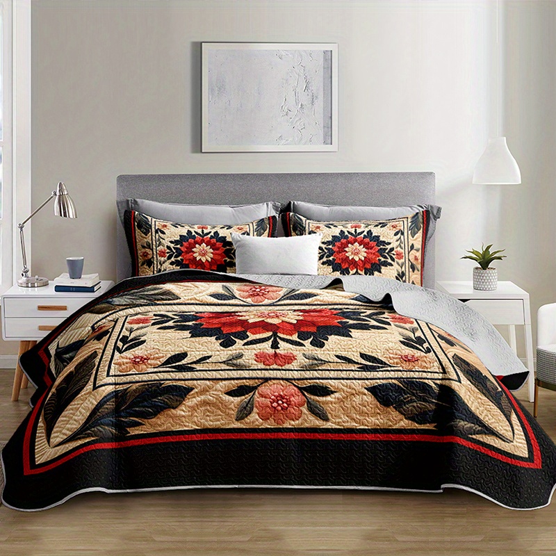 2 3pcs large floral print vintage durable quilted bedding set 1 fitted sheet 1 2 pillowcases pillow inserts not included   size for home dorm use breathable and easy to care