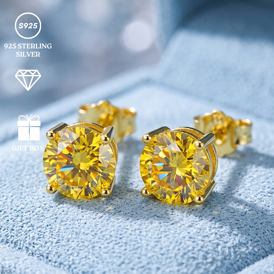 Women's 0.5/1/2/3 Carat 925 Silver Elegant Yellow Synthetic Zirconia Stud Earrings