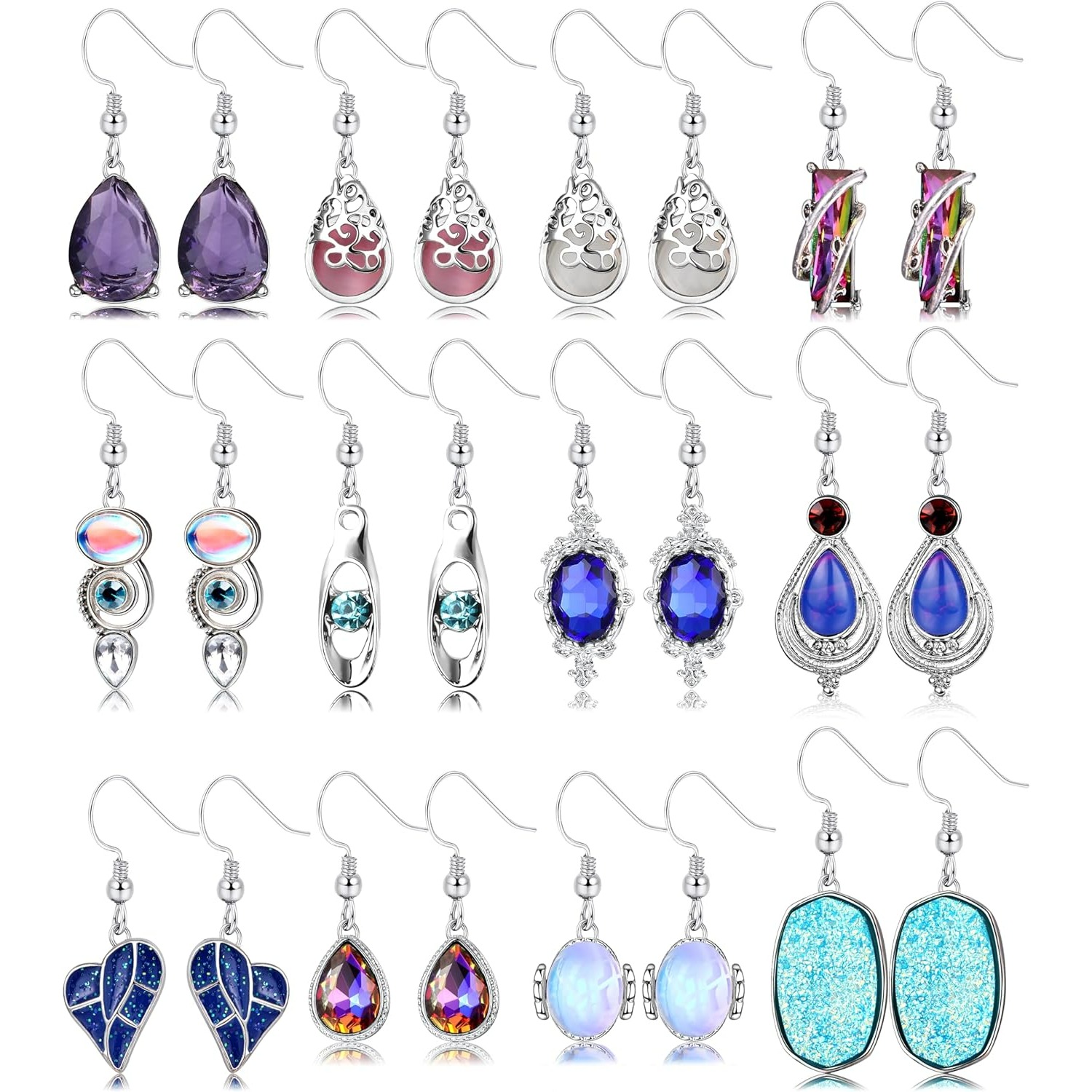 Image of 12 Pairs Vintage Bohemian Teardrop Dangle Earrings | Elegant And Chunky Style With Copper Alloy Plating And Mosaic, Steel Post, Suitable For Daily And Gift- Occasions