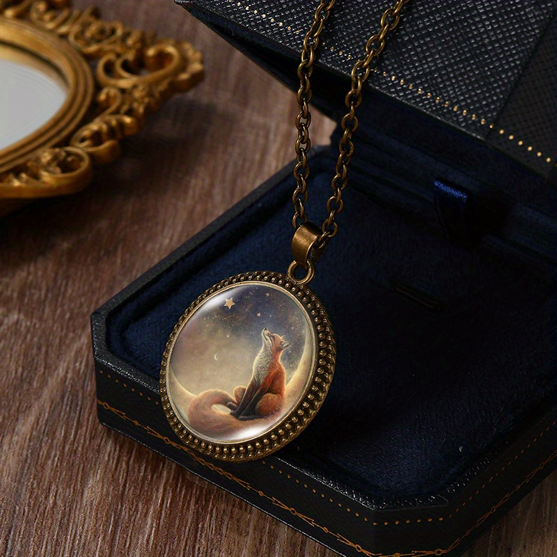 Handmade Glass Pendant Necklace with Crescent and Fox Design