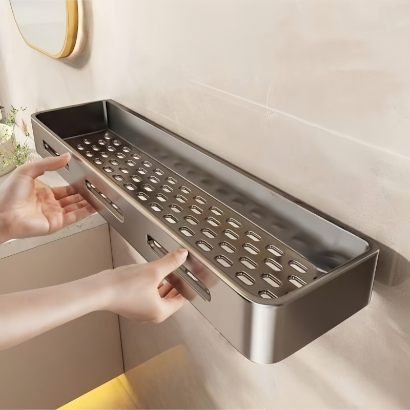 TEMU Étagère de Salle de Bain Autocollante - Panier de Douche Mural Perçage. Support en Aluminium Imperméable et Antirouille avec Trous de Drainage.