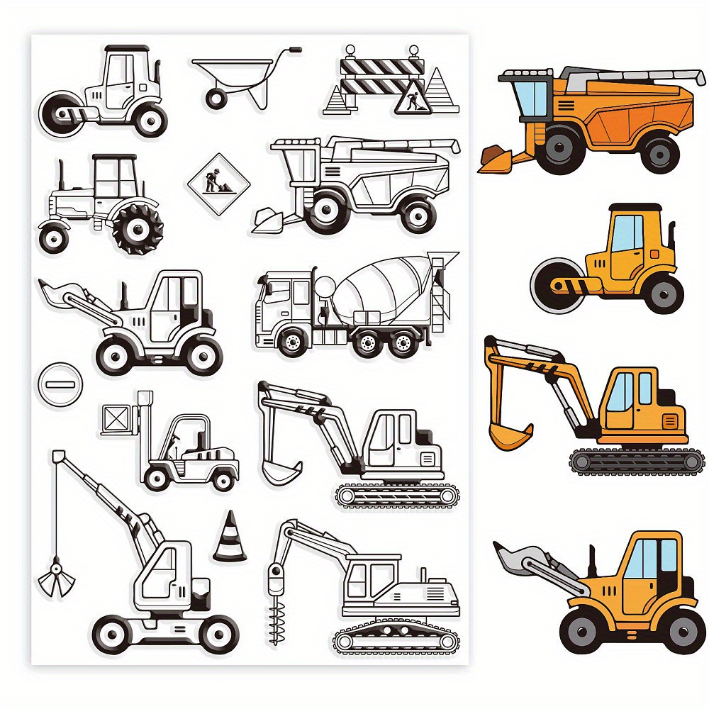 Clear Stamps Featuring Engineering Vehicles For Card Crafting, Including Construction Trucks And Signs, Perfect For Scrapbooking And Embossing Projects