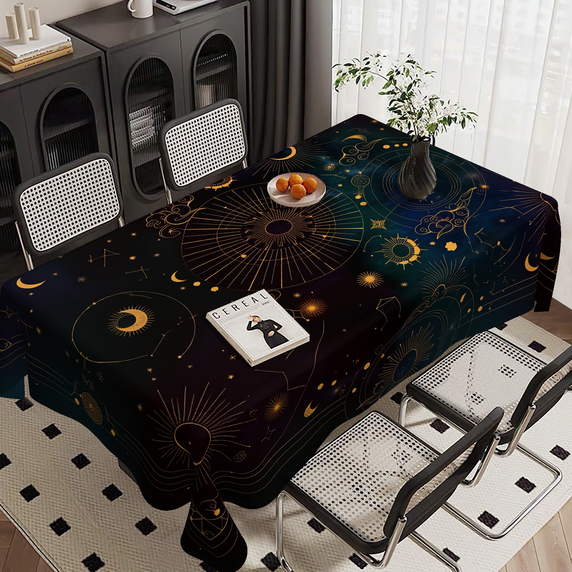 TEMU 1 Tablecloth, Restaurant Decoration Tablecloth, Dark Blue With Golden Celestial Pattern Featuring The , And Constellations, Universe/astrology