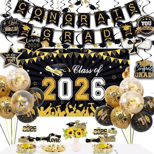 61pcs class of 2026 graduation party decorations complete set with backdrop banner balloons cupcake toppers photo booth decorations suitable for grad ceremonies table centerpieces display paper table decorations for 2026