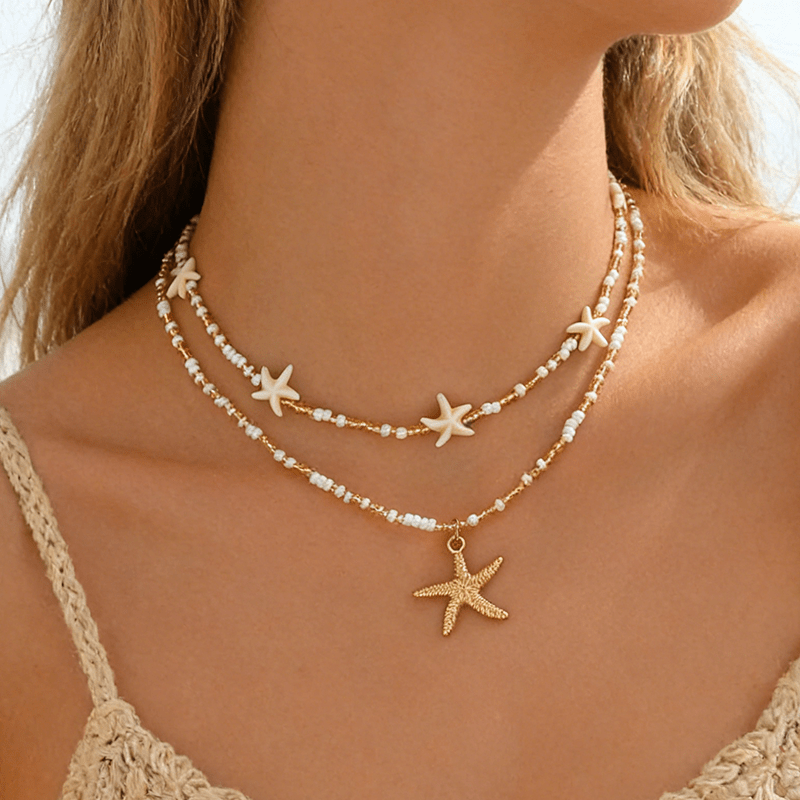 TEMU 2pcs Women's Fashion Pendant Necklace, Nautical Style, Artificial Starfish Pendant Necklace, Light Yellow White Mixed Color Rice Bead Beaded