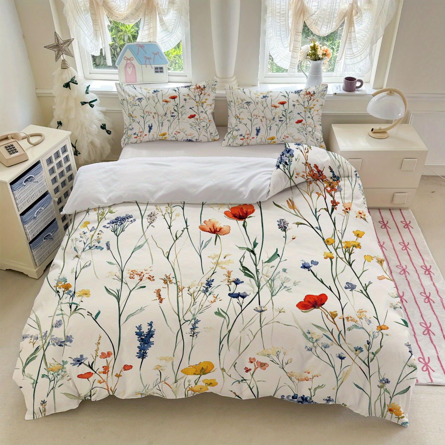 TEMU 3pcs Floral Bedding White With Print (1 Duvet Cover And 2 Pillowcases, Without Core) For Bedroom