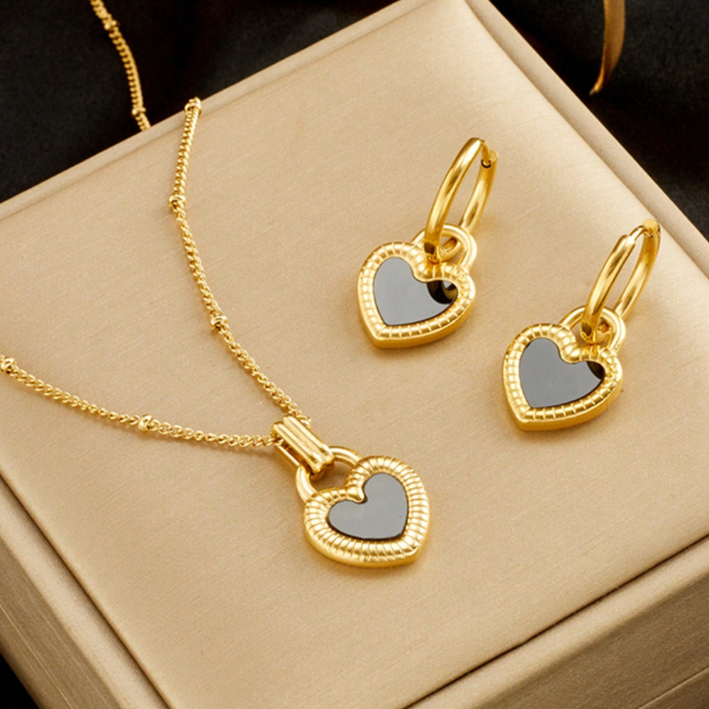 

3pcs Elegant Heart Jewelry Set With Accent - 18k Gold Plated Stainless Steel Necklace & Earrings, Hypoallergenic, Parties, Ceremonies, Vacations, And Gifting