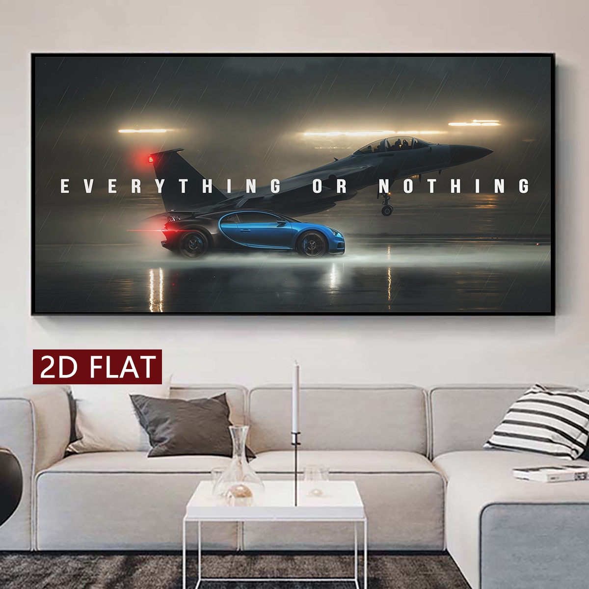 TEMU 2d Flat, 2d Flat, 2d Flat 1pc Canvas Wall Art Featuring A Stylish Car And Jet Image, Perfect For Home Decor. This Exquisite Poster Makes A Great
