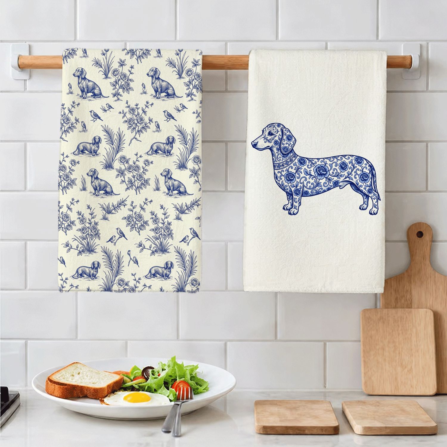 TEMU 2-pack Vintage Blue Dachshund Kitchen Towels, Floral And Bird Pattern Hand Towels And Dishcloths, Rustic Decorative Kitchen And Dining Cleaning