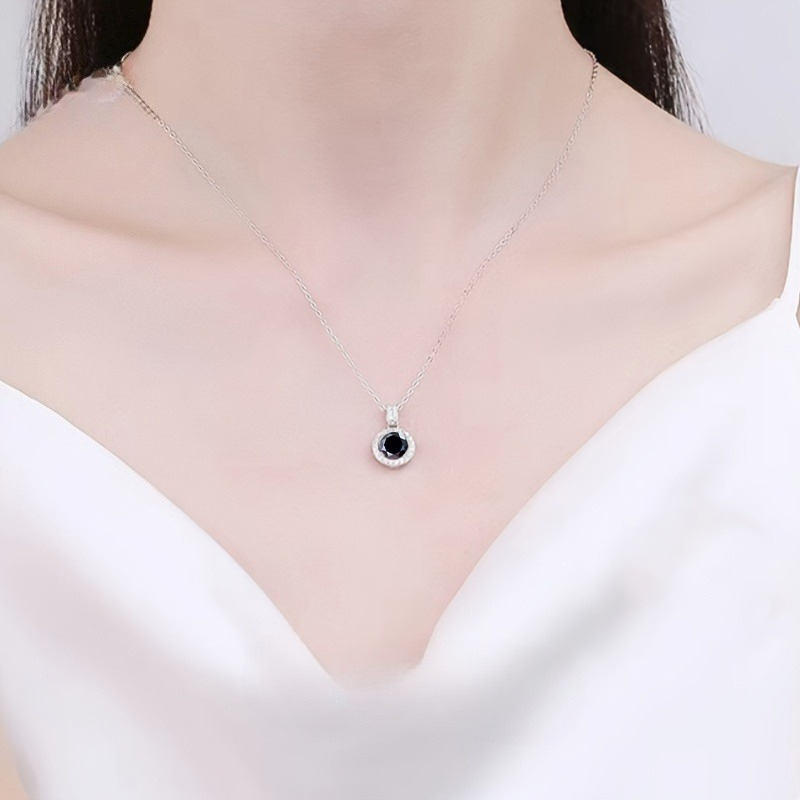 Women's 925 Silver Moissanite Necklace, Black Round Pendant