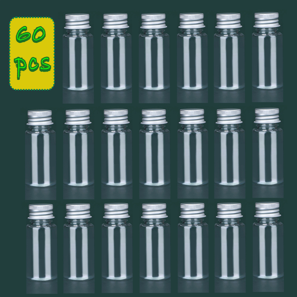 Image of 60pcs 20ml Mini Transparent Plastic Storage Containers Small Bottles With Aluminum Cap Wishing Bottle - For Crafts & Gifts, Memory Jar With Lid