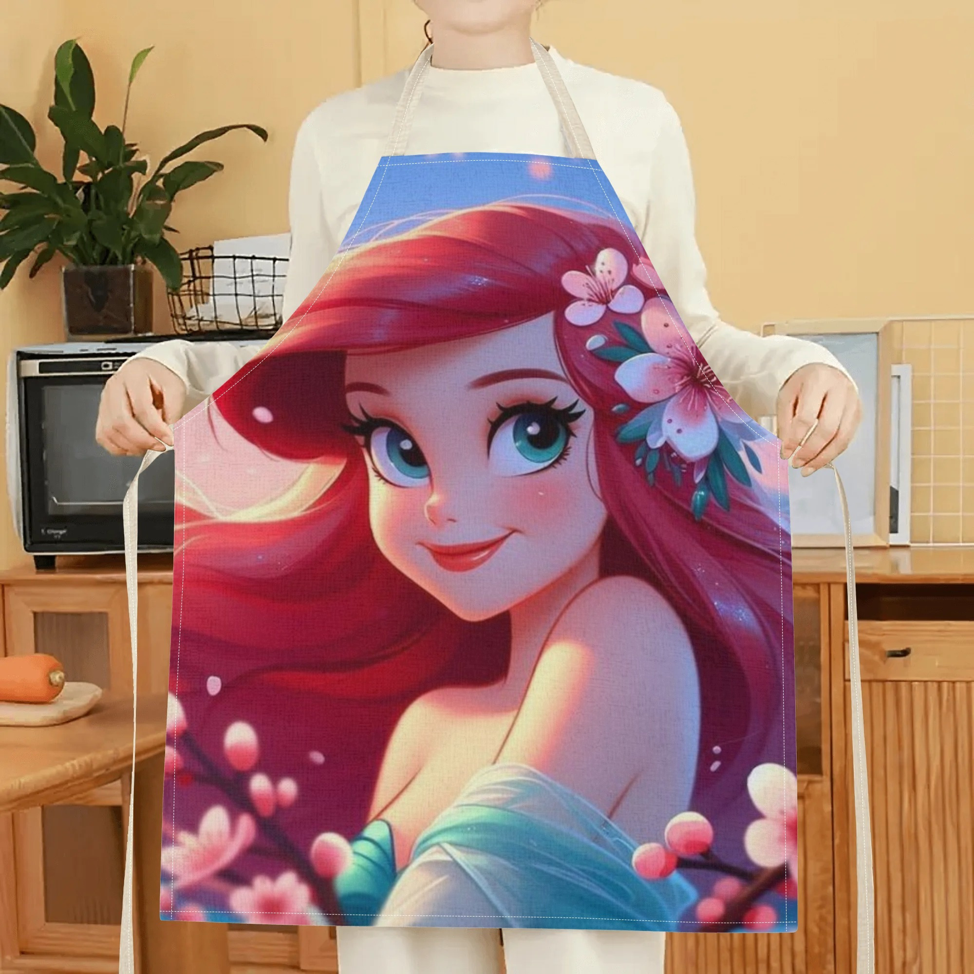 1pc disney   princess cartoon printed apron, waterproof polyester woven fabric with floral pattern, stylish and elegant for home, hotel, supermarket, restaurant,  , milk tea stand use details 5