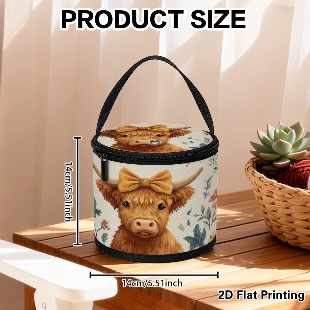 TEMU (2d Flat)1pcs Compact Yarn Storage Bucket With Highland Cow Floral Flowers Artwork, Foldable Zippered Knitting Bag, Wool Organizer For Home