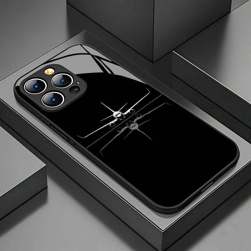 TEMU Phone Case: Light Luxury Premium Creative Airplane Pattern Tempered Glass Black Phone Case, Suitable For Iphone 17, 16, 15, 14, 13, 12 / Iphone