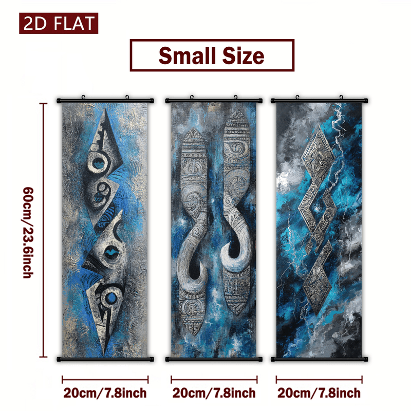 TEMU 2d Flat, 2d/flat-3pcs Maori Vintage Totem Abstract Texture Blue-gray Plastic Scroll Wall Hanging Art, High-definition Print Fade-resistant