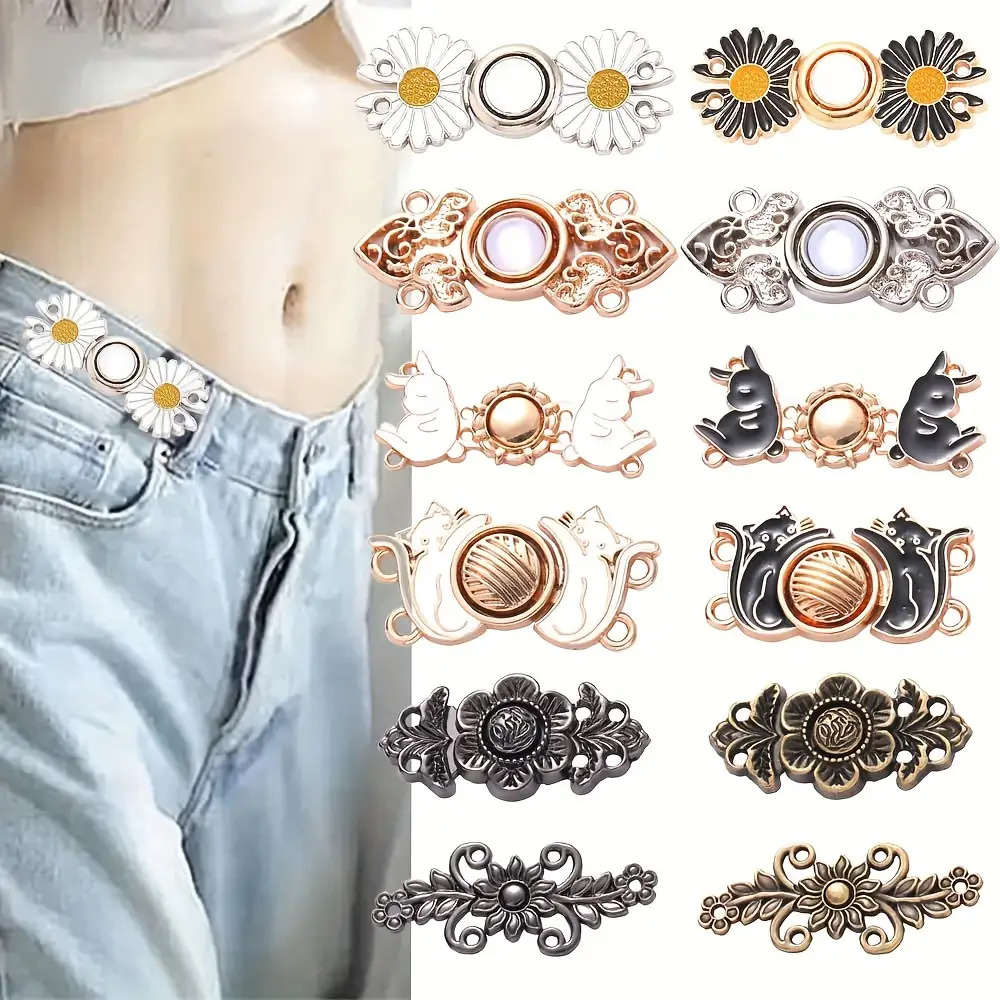 TEMU 12-pack Reusable Jeans Elastic Rings, Adjustable Daisy Jeans Rings, Waist Tightening Buckles, Suitable For Jeans Rings Sewing Metal Rings, For