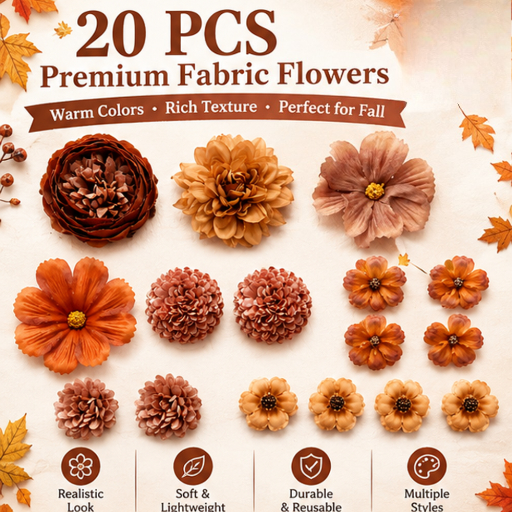 TEMU 20/50pcs Têtes de fleurs artificielles en tissu d'automne, assortiment de têtes de fleurs artificielles d'automne pour l'artisanat, la