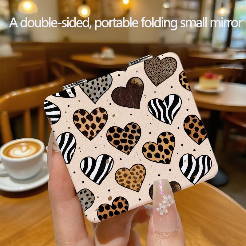 TEMU Heart-shaped Leopard Print Simple Portable Compact Mirror, Round European/ Makeup Mirror, Portable Mini Handheld Mirror, Instagram-style Mirror