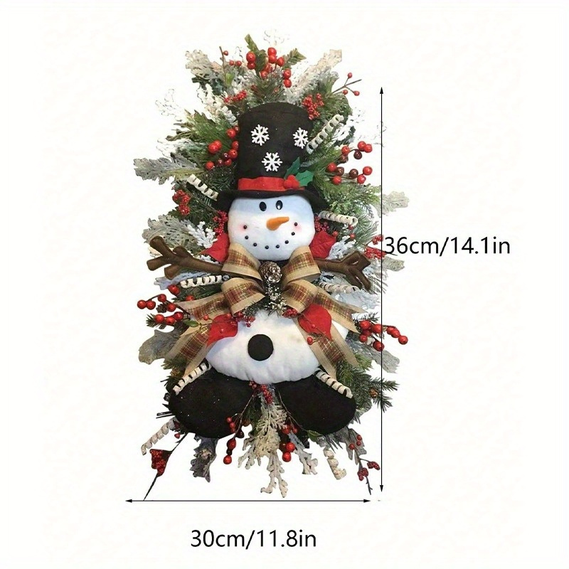 TEMU 1pc Snowman Christmas Wreath With Bow, Red Berries, Pine Cones & White Flowers - Green Foliage Door Hanger For Front Door, Wall, Window -