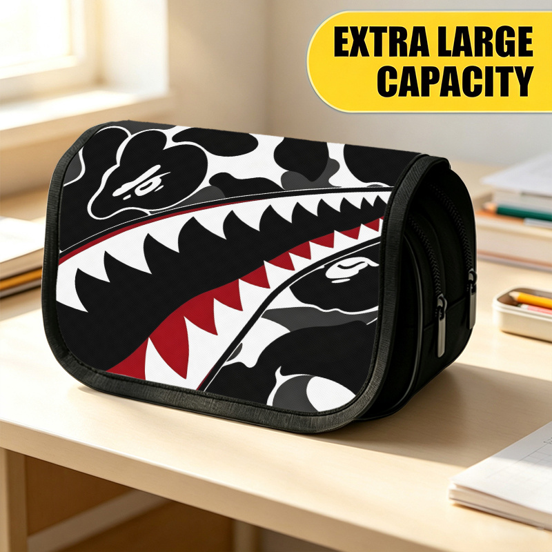 TEMU Astuccio Grande a , Portapenne con Stampa Vivace e Design Monocromatico a Bocca di Squalo, Borsa Portaoggetti , Astuccio Portatile con Cerniera,