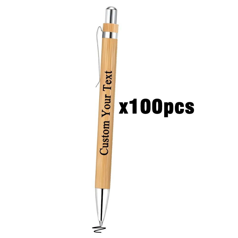 Image of Set Of 100 Personalized Bamboo Retractable Ballpoint Pens. Enjoy A Smooth Writing Experience, Ideal For Office, School, Journals, And . Perfect Gifts For New Year, Valentine's Day, And Easter