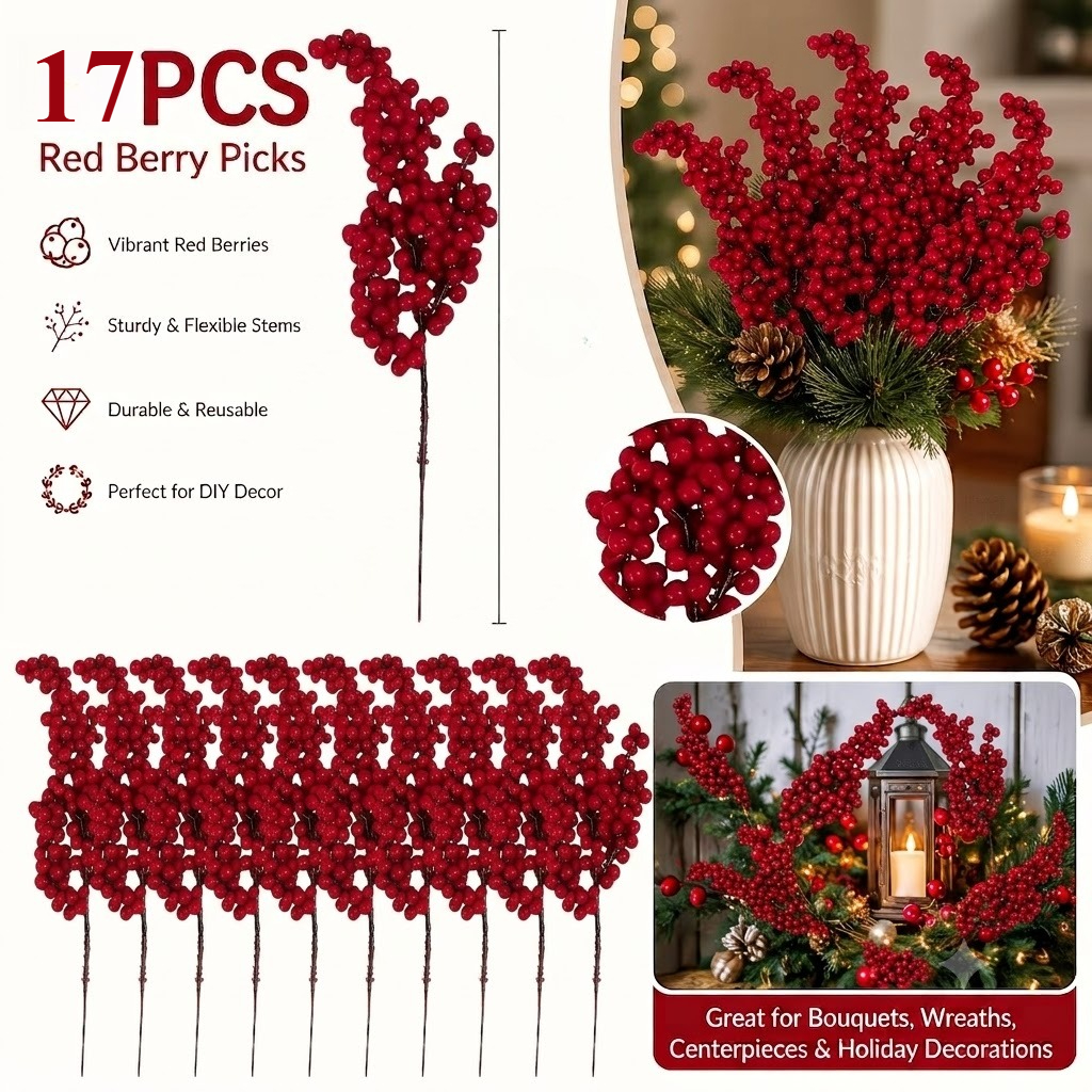 TEMU 17pcs Pack Artificial Fruit Branches With Berries - Heavy Or Decorative Stems Suitable For Christmas Tree Decorations, Crafts, Wedding & Party
