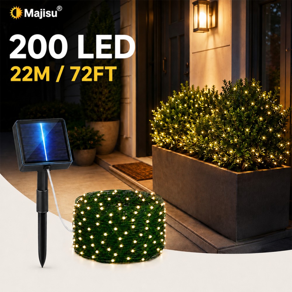TEMU Majisu 1pc Solar Powered Smart String Lights, Warm White 300/200/100/50 Led Outdoor Garden Lights With Dark , Ipx4, 8 Modes For Front Door