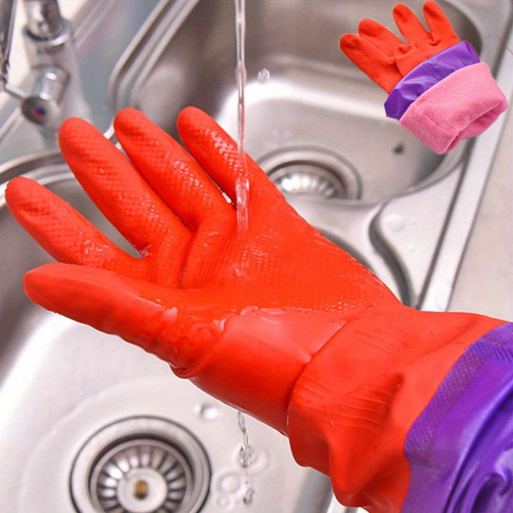 1 pair waterproof pet rubber gloves with fleece lining lead free long sleeve thickened household cleaning gloves for kitchen bathroom toilet car patio   winter proof   details 1