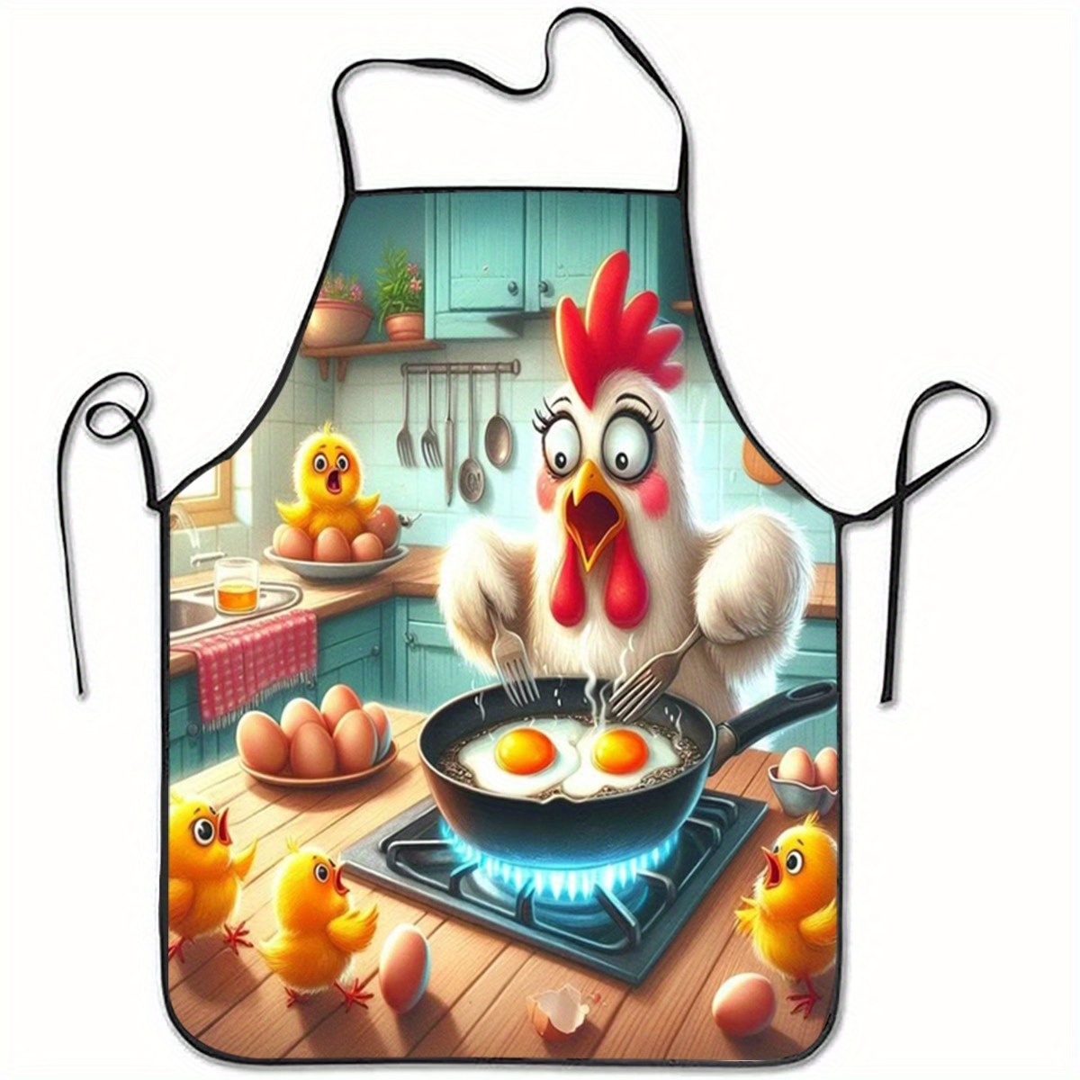 TEMU 1pc Humorous Cartoon Chicken Cooking Egg Apron - Floral Patterned Polyester, Suitable For Home Kitchen Baking, Beauty, Hairdressing, Nail Art