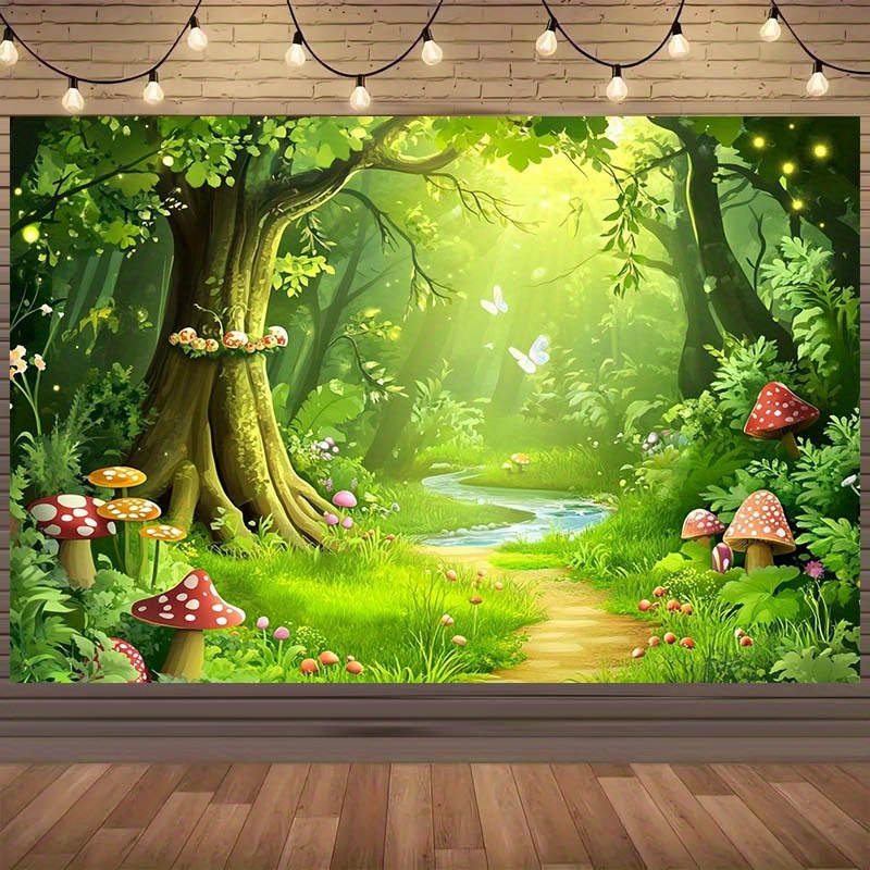 TEMU 1pc Photography Backdrop. This Backdrop Features A Fairytale Forest Theme, Showcasing A Vibrant Forest Landscape. Design Elements Large Trees,
