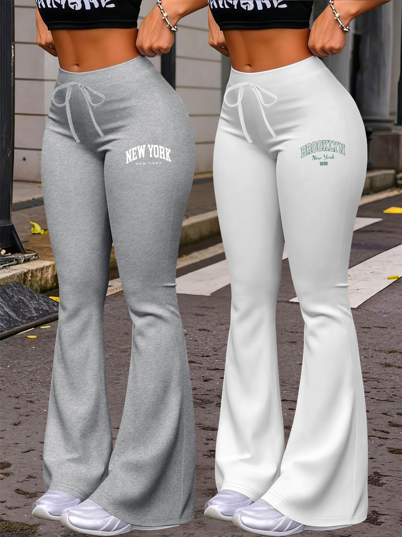New Autumn Women's Clothing from Europe and America, NEW YORK & BROOKLYN Letter Print, Daily Casual Wear, Two-Pack of Comfortable Slim-Fit Stretch Tapered Straight-Leg Pants with Drawstring Waistband