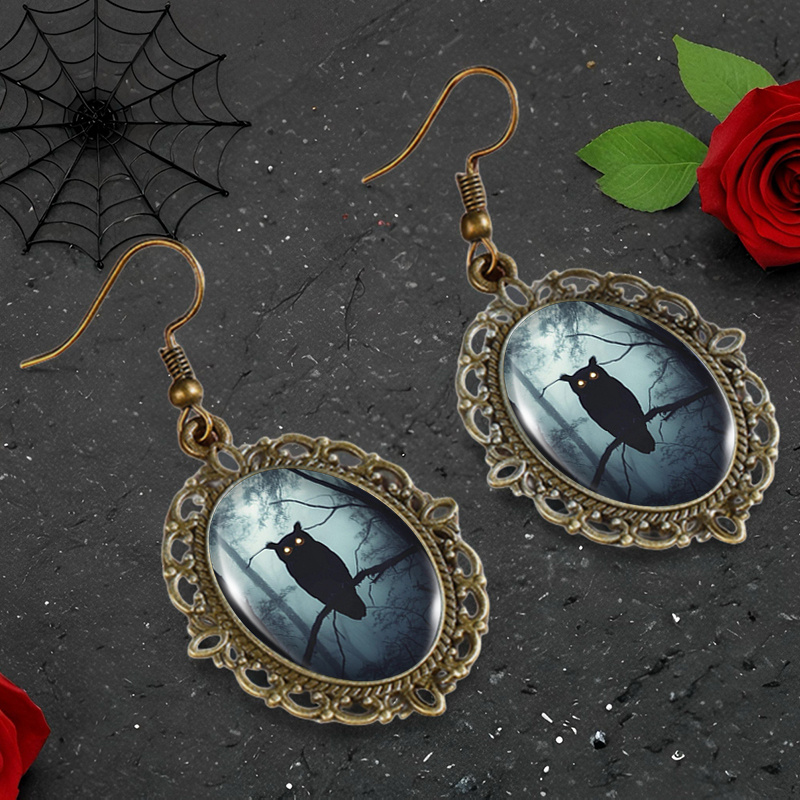 Owl Forest Mist Patterned Oval Glass Vintage Lace Earrings